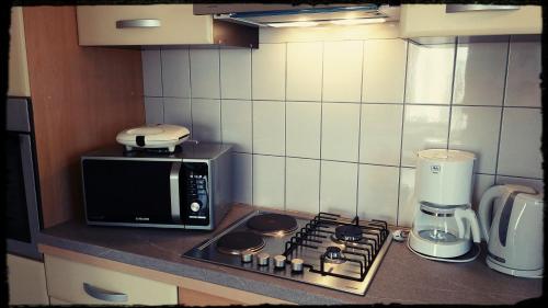 a kitchen with a microwave and a stove top oven at Lu-Do Apartments in Trogir