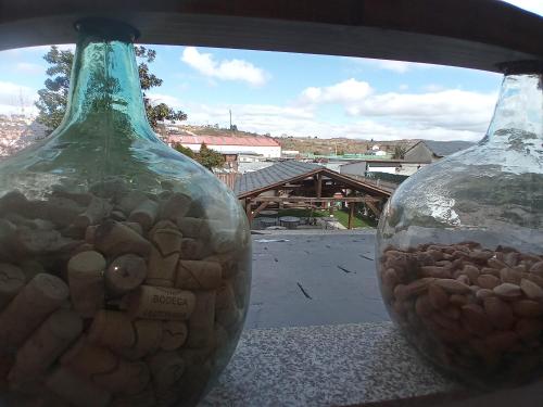 two large glass vases sitting on a window sill at Albergue la Medina de Camponaraya in Camponaraya