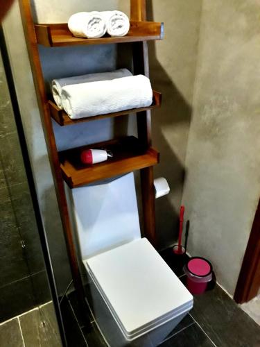 a small refrigerator with its door open in a bathroom at Pink Tulip Hoi An in Hoi An