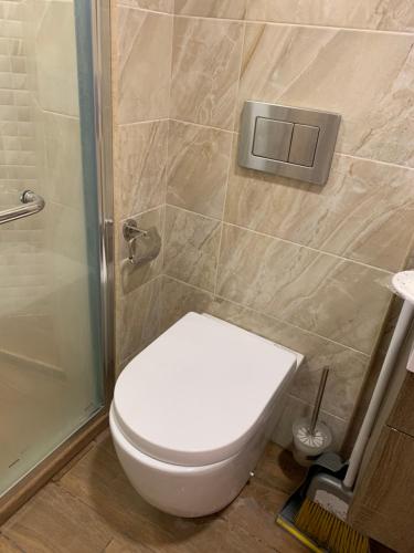 a bathroom with a toilet and a shower at City Central Apartment in Yerevan