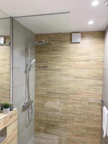 a bathroom with a shower with a glass door at Caсtus Apartments 1 in Ivano-Frankivsk