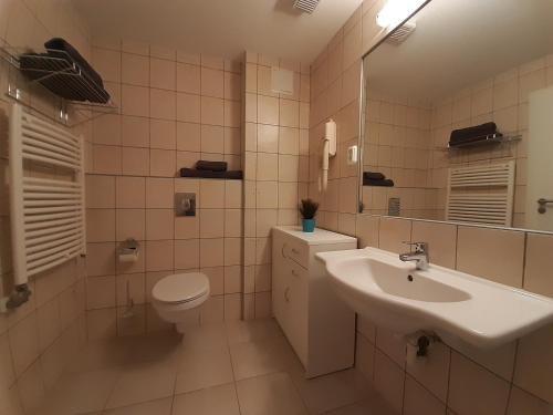 a bathroom with a sink and a toilet and a mirror at Szárszó Holiday Apartman in Balatonszárszó