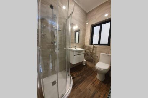 La salle de bains est pourvue d'une douche et de toilettes. dans l'établissement The Diamond Apartment, à San Pawl il-Baħar