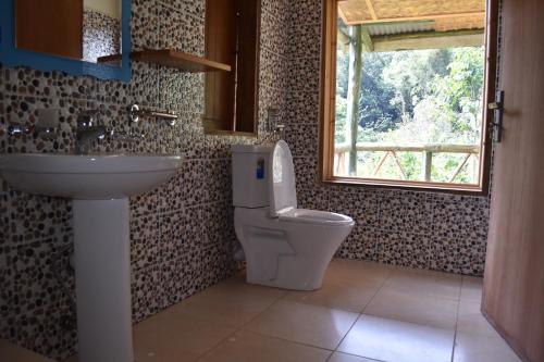 ein Bad mit einem Waschbecken, einem WC und einem Fenster in der Unterkunft Gorilla Hills Eco-lodge in Kisoro