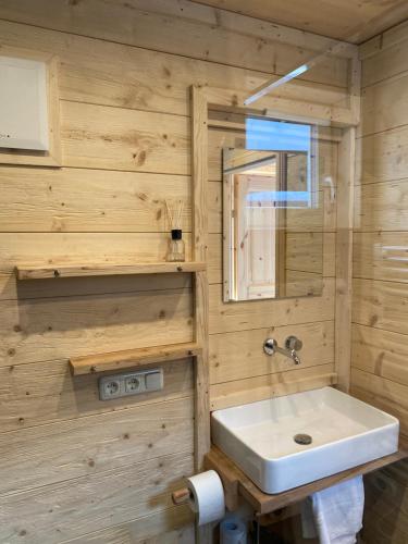 y baño con lavabo y espejo. en Apart Alps & Nature, en See