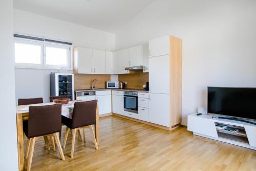 a kitchen with a table with chairs and a television at Ferienwohnung Modi in Gamlitz