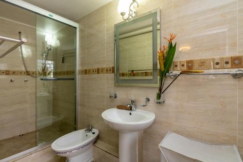 a bathroom with a sink and a shower and a mirror at Janes' Serenity Guesthouse in Anse a La Mouche
