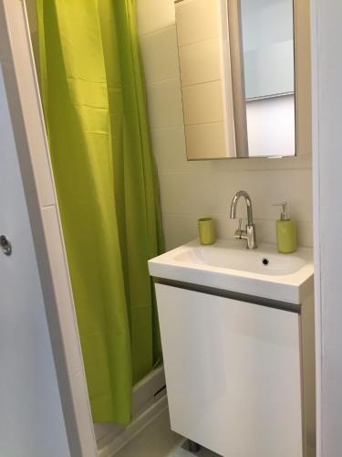 La salle de bains est pourvue d'un lavabo et d'un rideau de douche vert. dans l'établissement Premier logement, à Montpellier