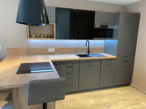 une cuisine avec un évier et un plan de travail dans l'établissement Villa Del Mar Bord de mer Palm Beach Cannes, à Cannes