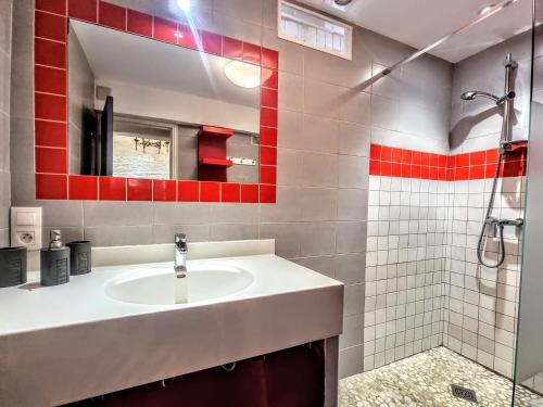 une salle de bain avec un lavabo et une douche dans l'établissement Wifi atypique Appartement Vieux Banyuls sur Mer, à Banyuls-sur-Mer