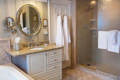 a bathroom with a sink and a mirror and a shower at Arrowhead Inn in Durham