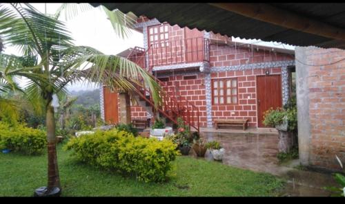 uma casa de tijolos vermelhos com uma palmeira no quintal em Cabaña El Trebol em San Agustín