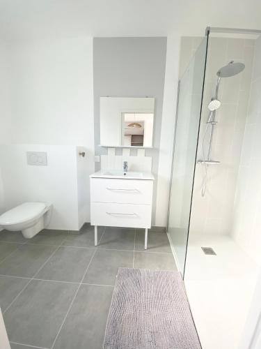 a bathroom with a toilet and a sink and a shower at Belle maison de 140m2, proche centre ville in Challans