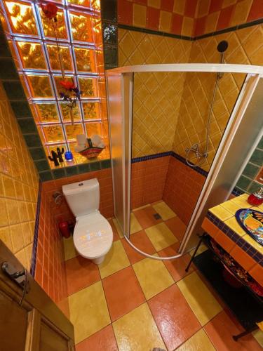 a small bathroom with a toilet and a shower at Sielanka Kretowiny in Kretowiny