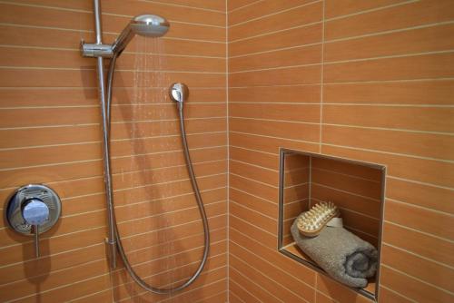 a shower stall with a shower head and a comb at NEW Amazing Apartment at Gut Wendlandt with 5 x 10 m Pool, Bolzano in Bolzano