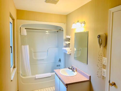 a bathroom with a sink and a shower and a tub at Green Acres Motel in Mississauga