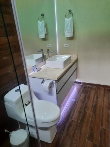 a bathroom with a white toilet and a sink at Mountain View Anapoima in Anapoima