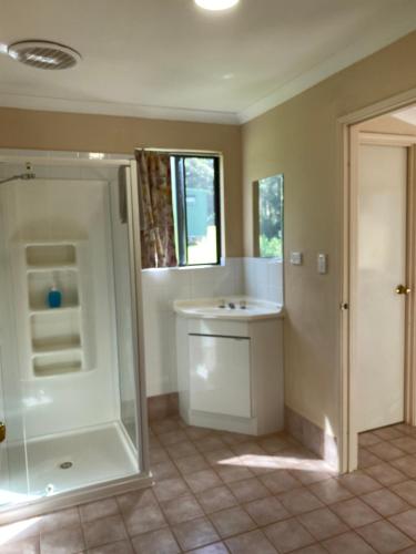 a bathroom with a shower, sink, and toilet at Tinglewood Cabins in Walpole
