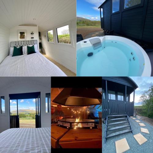 a collage of photos of a house with a hot tub at Glampingnorthcoastcom in Armoy
