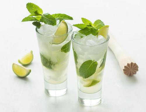 two glasses filled with a drink with lime and mint at Hotel AL Mulino in Maasmechelen