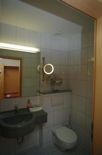 een badkamer met een toilet, een wastafel en een spiegel bij Land-gut-Hotel Räuber Lippoldskrug in Alfeld