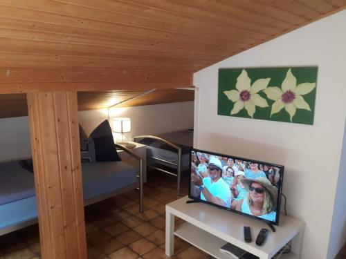 a living room with a flat screen tv on a table at Haus Wutzl in Mariazell