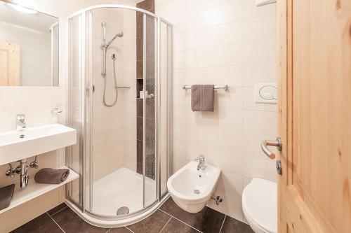 a bathroom with a shower and a toilet and a sink at Apartments Silva Alpenblick in San Giovanni in Val Aurina
