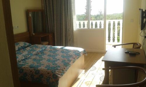 a bedroom with a bed and a desk and a window at Hotel Schönberg in Kızılot