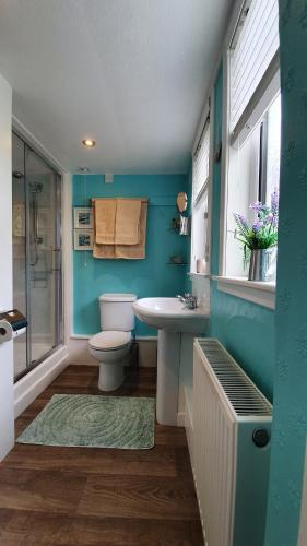 a bathroom with a white toilet and a sink at Willows Cottage in Pitlochry