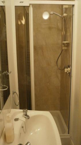 a bathroom with a sink and a shower with a glass door at Ilenroy House in Skibbereen