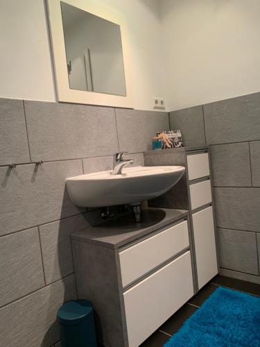 een badkamer met een wastafel en een spiegel bij Ferienwohnung Pomaria - 4 Sterne zertifiziert in Pommern