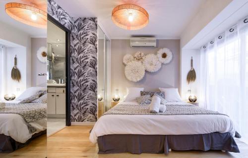 two pictures of a bedroom with a bed and a mirror at Host Inn Sweet Croisette in Cannes