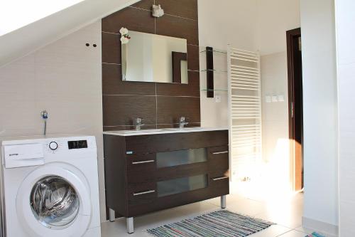 a bathroom with a washing machine and a sink at Attic with parking, near the center of ČB - 110m2 in České Budějovice