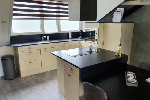 una cocina con encimera negra y fregadero en Vrijstaand / landelijk appartement met uitzicht!, en De Wijk
