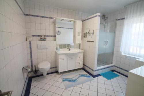 a bathroom with a sink and a shower and a toilet at Haus Clara in Husby