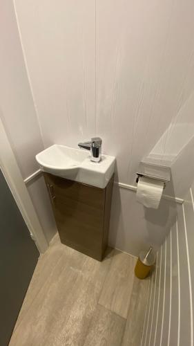 a bathroom with a sink and toilet paper at Kingsdown Holiday Park in Kingsdown