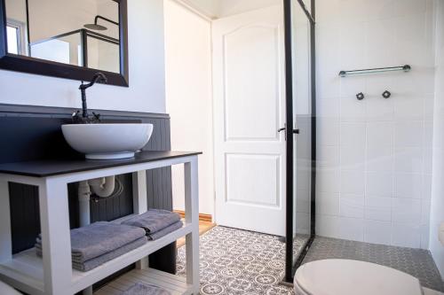 a bathroom with a sink and a shower at Dragons Landing Cottage in Underberg