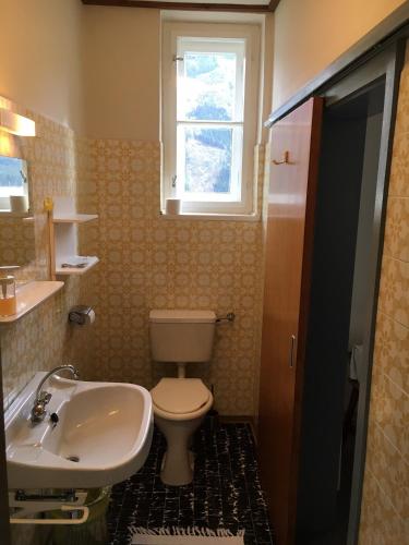 a bathroom with a toilet and a sink and a window at Gasthof Hochalmspitze in Malta