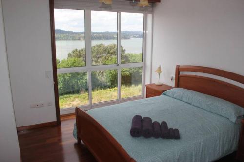 een slaapkamer met een bed en een groot raam bij Apartamento en Miño con vistas a la Ría. in Miño