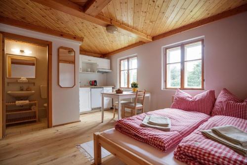 een woonkamer met een bank en een tafel bij Berghof Seiser Toni in Oberhöflein