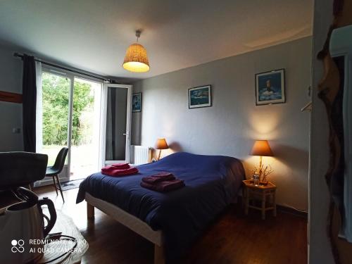 a bedroom with a blue bed and a window at Les chambres de Beauviel in Saint-Jean-dʼEyraud