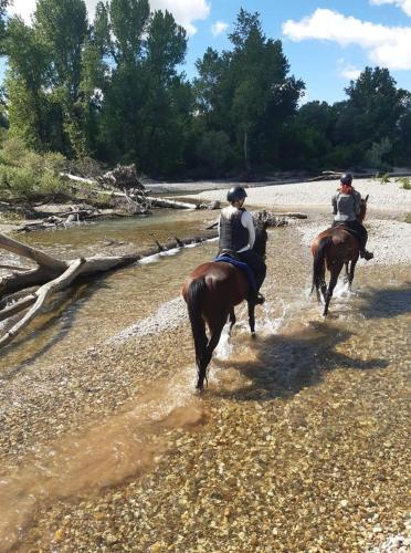 two people riding horses through the water on the beach at Urlaub für die Seele - Erholung Pur in der Natur - Ferienhaus mit Infrarotkabine & RELAX-Raum in Rucmanci