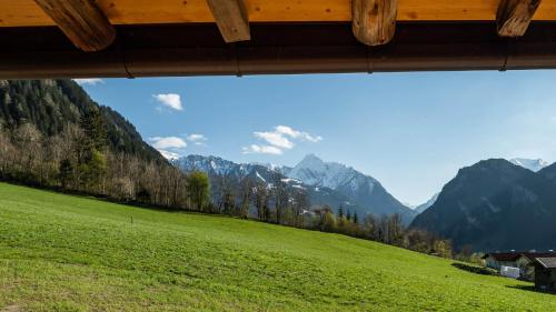 a view of a green field with mountains in the background at STAUDACH - Alpinresidenz Zillertal in Ramsau im Zillertal
