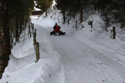 a person sitting in the middle of a snow covered road at Bio-Bauernhof Bachangerhof in Kössen