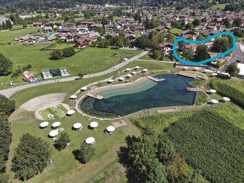 an aerial view of a pool at a resort at Chalet Mountain Plaza - Apt Garden in Pinzolo