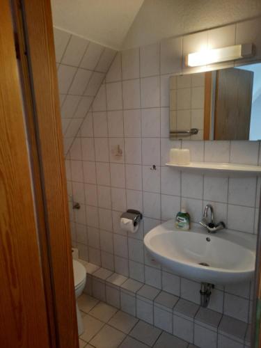a bathroom with a sink and a toilet at Fährhaus Schwabstedt in Schwabstedt