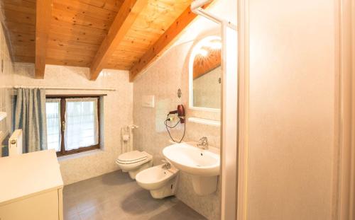 ein Badezimmer mit einem Waschbecken, einem WC und einem Spiegel in der Unterkunft Casa Lori in Pieve Di Ledro