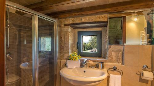 a bathroom with a sink and a glass shower at SANTA ILLUMINATA 20, Emma Villas in Massa Martana