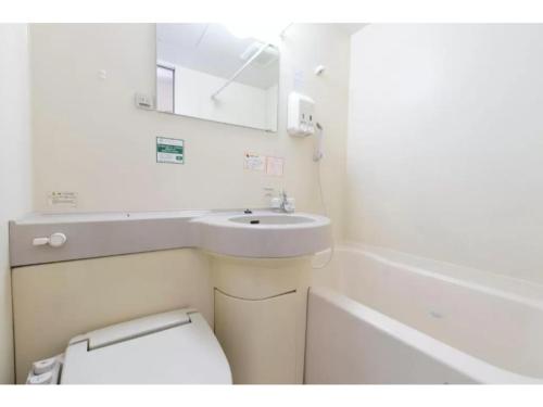 a bathroom with a sink and a toilet and a mirror at R&B Hotel Nagoya Nishiki - Vacation STAY 15170v in Nagoya