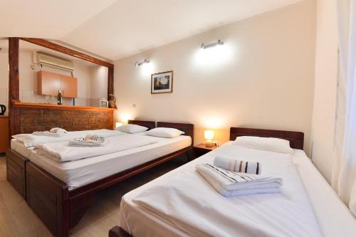 two beds in a room with a mirror at Apartments & Accommodation Stojic in Novi Sad